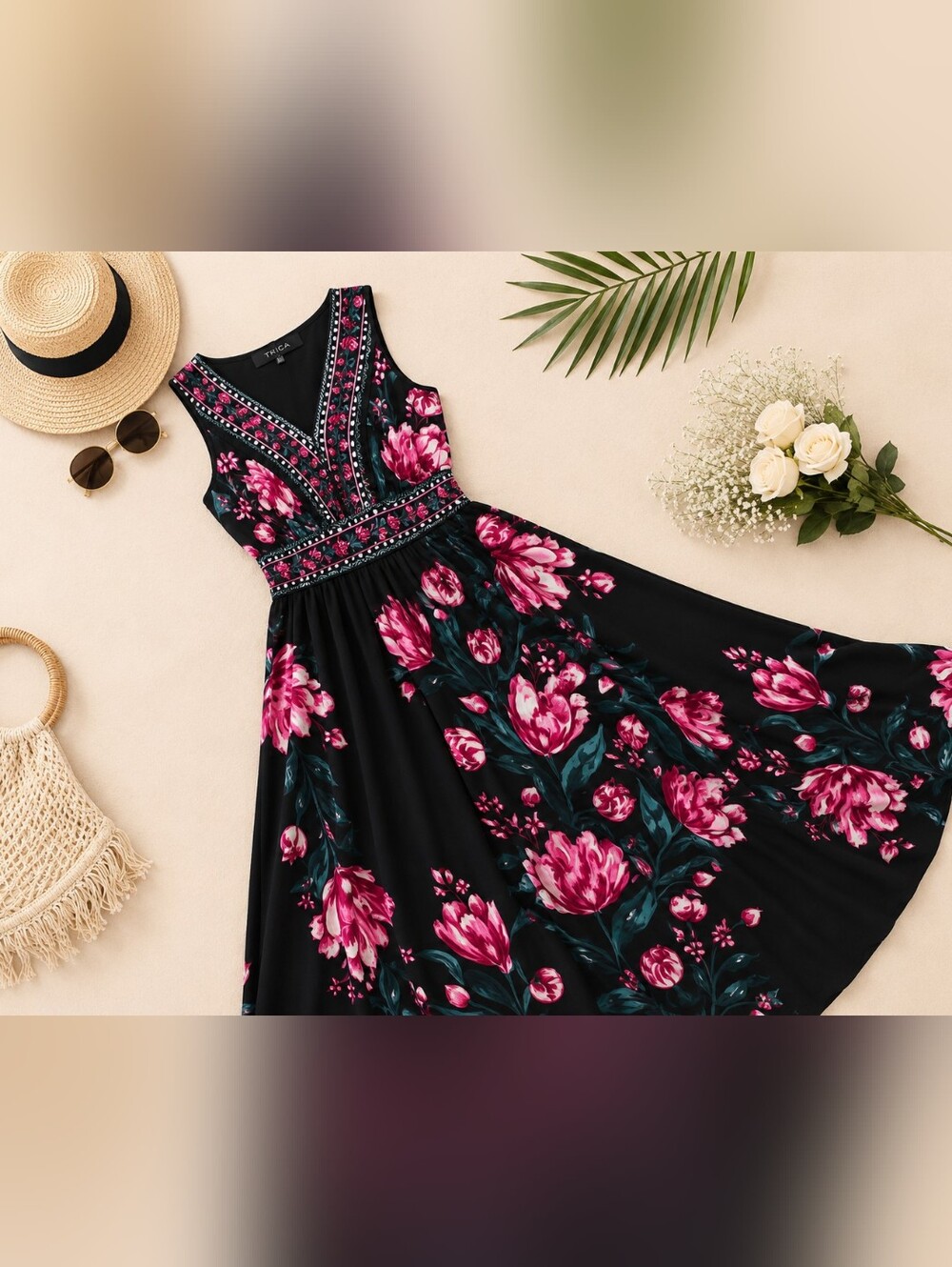 Floral Sleeveless Top with Pink & Green Print